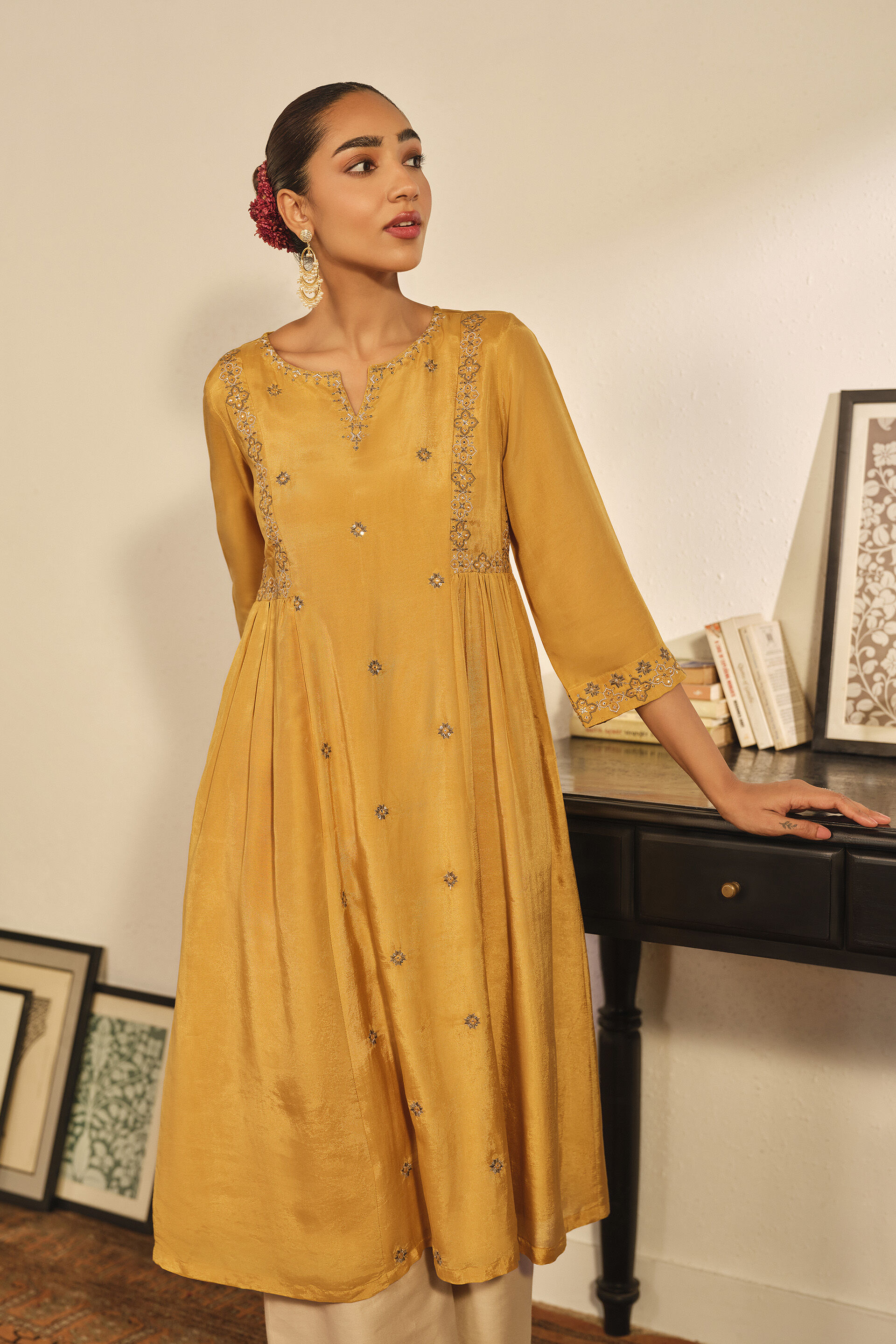 Embroidered A-line Kurta in Yellow, Yellow, image 3